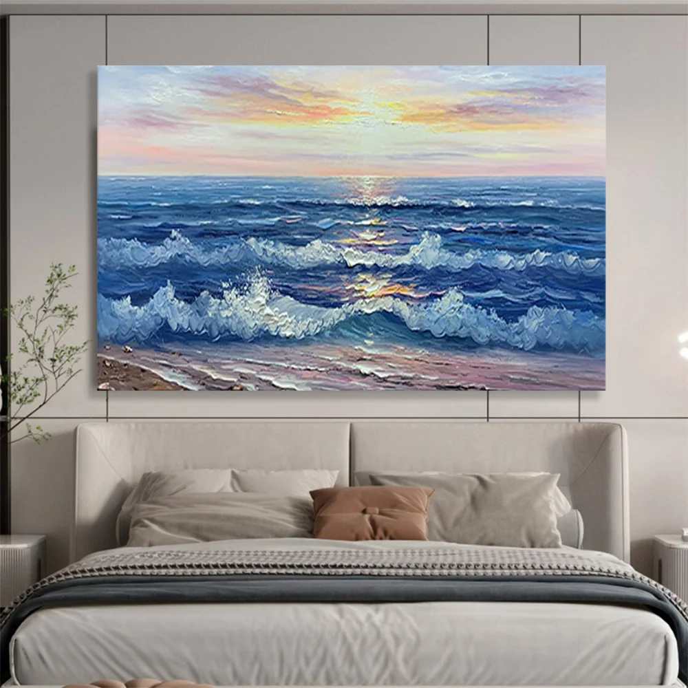 Waves Hand-Painted Abstract - oversized boho wall art for living room